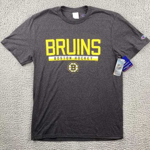 NWT Champion Mens Bruns Boston Hockey Gray Crew Neck T-Shirt Gray Yellow Medium - Picture 1 of 9